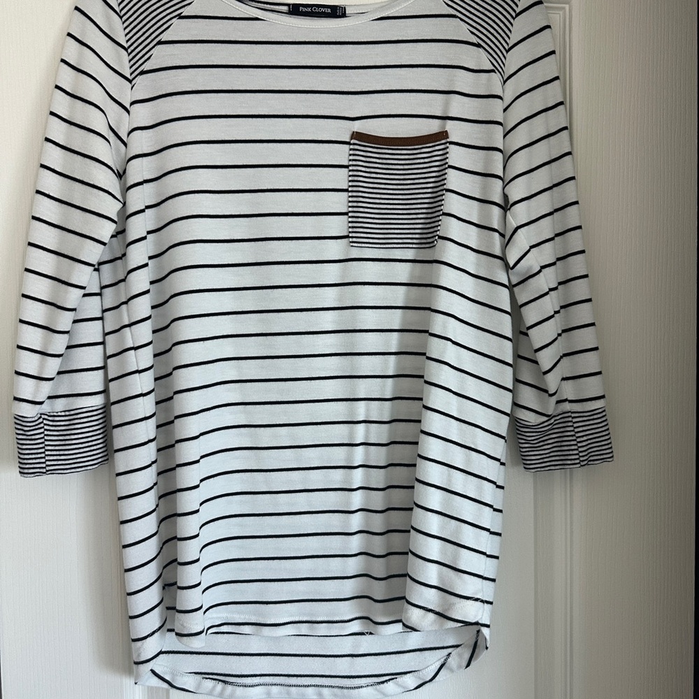 Pink Clover White and Black Striped Long Sleeve Pocket Tee
